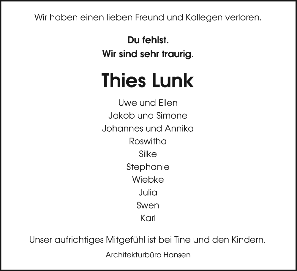  Traueranzeige für Thies Lunk vom 31.08.2024 aus Sylter Rundschau