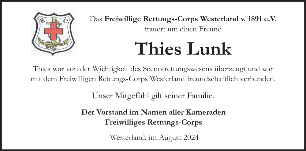  Traueranzeige für Thies Lunk vom 31.08.2024 aus Sylter Rundschau