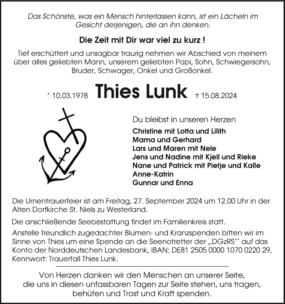  Traueranzeige für Thies Lunk vom 31.08.2024 aus Sylter Rundschau