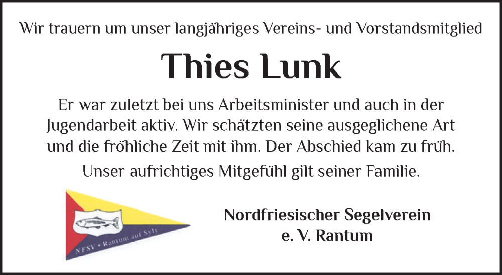  Traueranzeige für Thies Lunk vom 31.08.2024 aus Sylter Rundschau