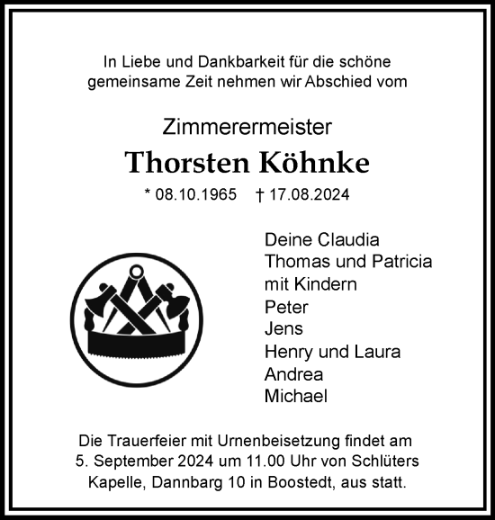 Traueranzeige von Thorsten Köhnke von Holsteinischer Courier