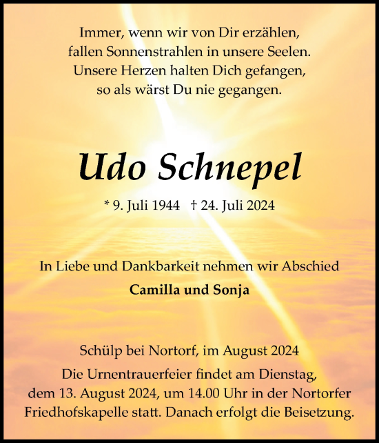 Traueranzeige von Udo Schnepel von Schleswig-Holsteinische Landeszeitung