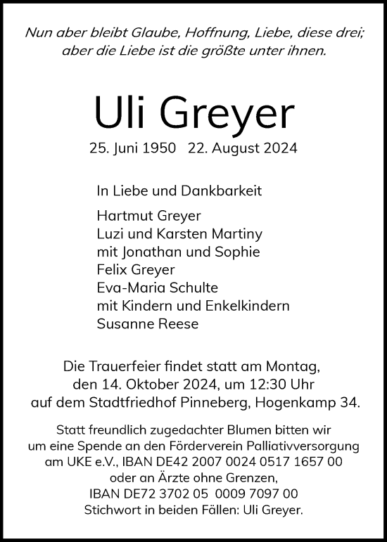 Traueranzeige von Uli Greyer von Region Pinneberg und tip Pinneberg