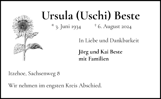 Traueranzeige von Ursula  Beste von Norddeutsche Rundschau, Wilstersche Zeitung, Glückstädter Fortuna