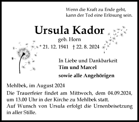 Traueranzeige von Ursula Kador von Norddeutsche Rundschau, Wilstersche Zeitung, Glückstädter Fortuna