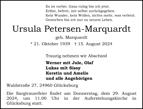 Traueranzeige von Ursula Petersen-Marquardt von Flensburger Tageblatt