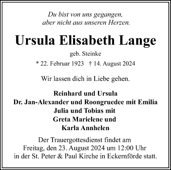 Traueranzeige von Ursula Elisabeth Lange von Eckernförder Zeitung