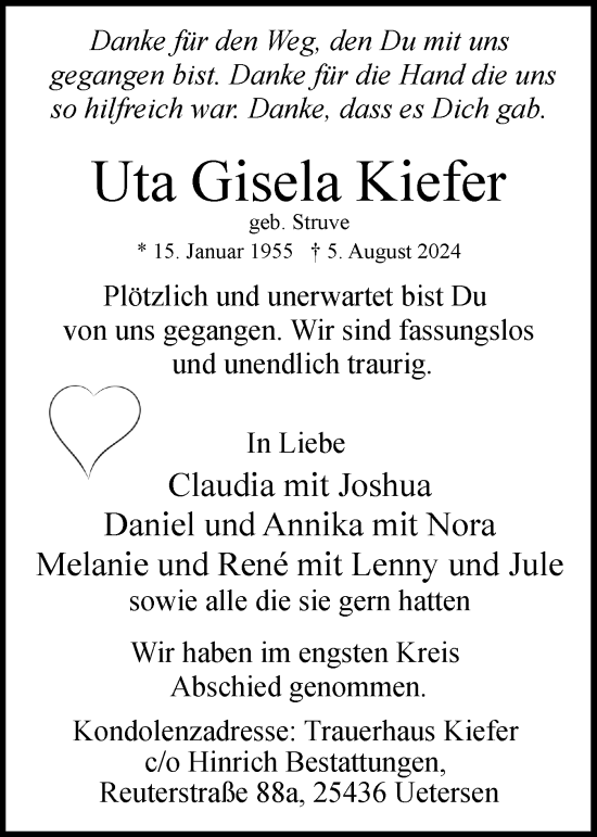 Traueranzeige von Uta Gisela Kiefer von Uetersener Nachrichten, Der tip am Wochenende