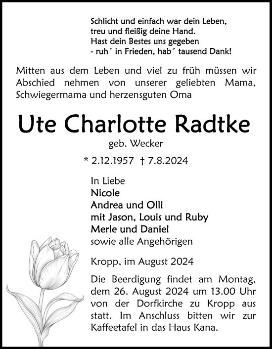 Traueranzeige von Ute Charlotte Radtke von Schleswig-Holsteinische Landeszeitung