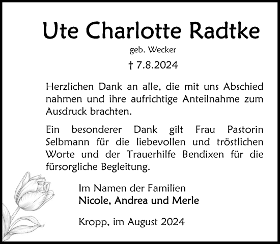 Traueranzeige von Ute Charlotte Radtke von Schleswig-Holsteinische Landeszeitung