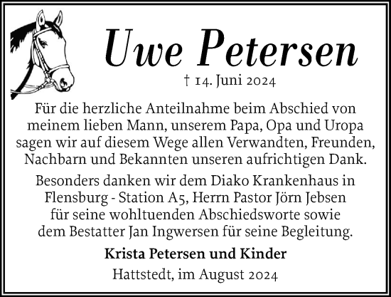 Traueranzeige von Uwe Petersen von Husumer Nachrichten, Nordfriesland Tageblatt