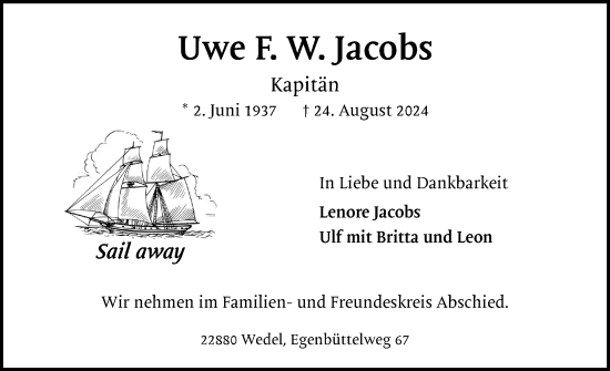 Traueranzeige von Uwe F. W. Jacobs von Wedel-Schulauer Tageblatt, tip Wedel-Schulauer Tageblatt, tip Rissener Rundschau