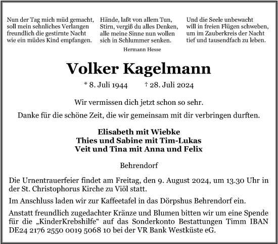 Traueranzeige von Volker Kagelmann von Husumer Nachrichten, Nordfriesland Tageblatt