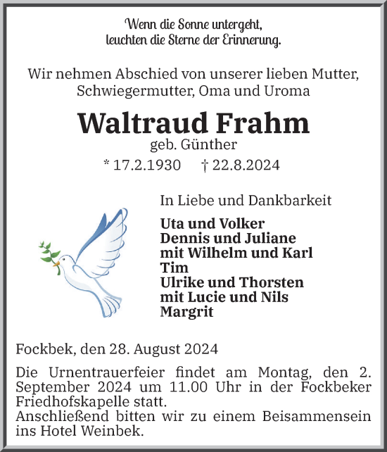 Traueranzeige von Waltraud Frahm von Schleswig-Holsteinische Landeszeitung