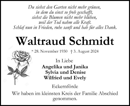 Traueranzeige von Waltraud Schmidt von Eckernförder Zeitung, Hallo Eckernförde