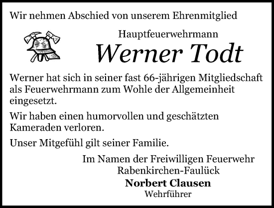 Traueranzeige von Werner Todt von Schleswiger Nachrichten, Schlei-Bote