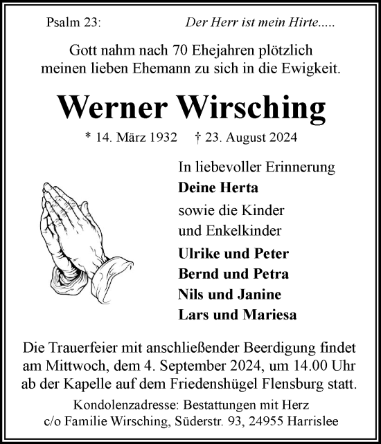 Traueranzeige von Werner Wirsching von Flensburger Tageblatt