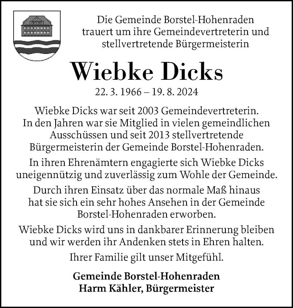  Traueranzeige für Wiebke Dicks vom 27.08.2024 aus Region Pinneberg und tip Pinneberg