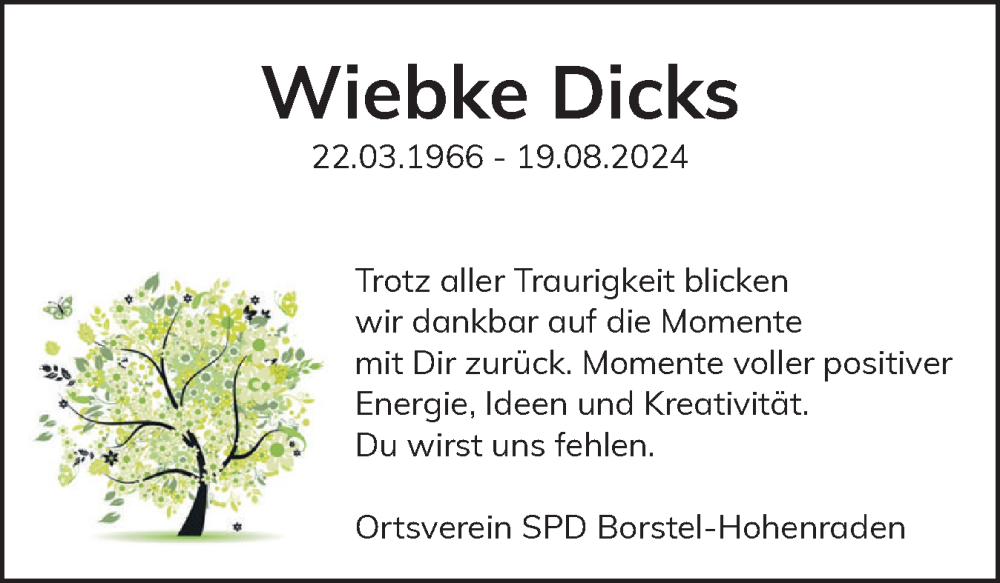  Traueranzeige für Wiebke Dicks vom 27.08.2024 aus Region Pinneberg und tip Pinneberg