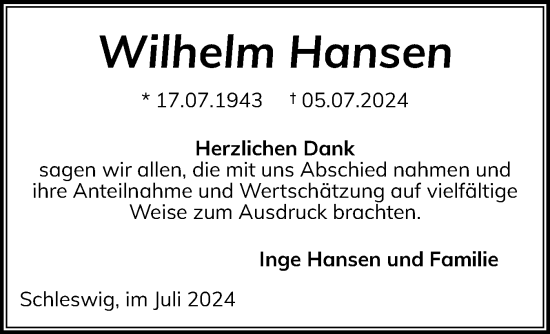 Traueranzeige von Wilhelm Hansen von Schleswiger Nachrichten, Schlei-Bote