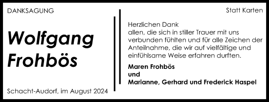 Traueranzeige von Wolfgang Frohbös von Schleswig-Holsteinische Landeszeitung