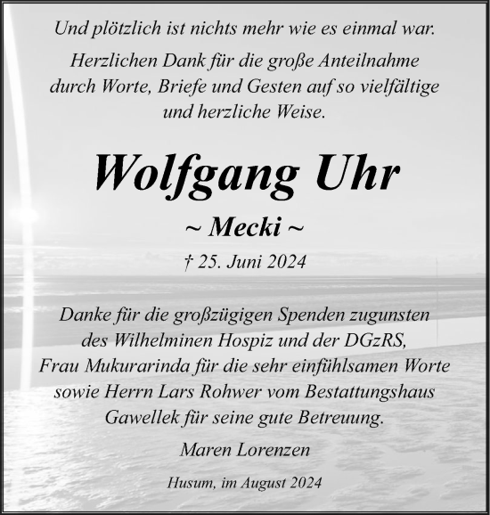 Traueranzeige von Wolfgang Uhr von Husumer Nachrichten, Nordfriesland Tageblatt