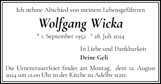 Traueranzeige von Wolfgang Wicka von Flensburger Tageblatt