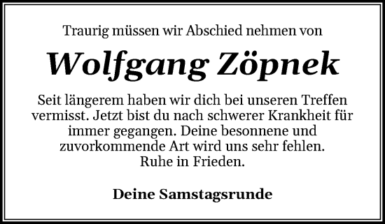 Traueranzeige von Wolfgang Zöpnek von Schleswig-Holsteinische Landeszeitung