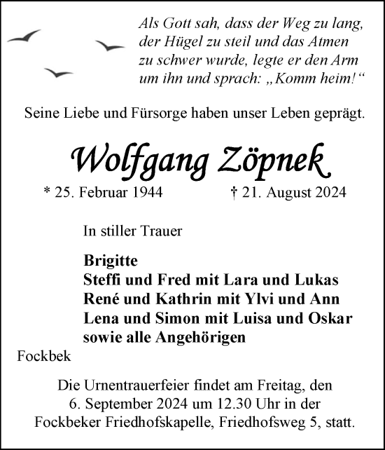 Traueranzeige von Wolfgang Zöpnek von Schleswig-Holsteinische Landeszeitung