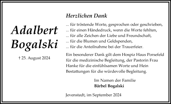 Traueranzeige von Adalbert Bogalski von Schleswig-Holsteinische Landeszeitung