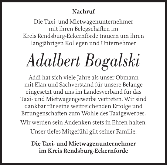 Traueranzeige von Adalbert Bogalski von Schleswig-Holsteinische Landeszeitung