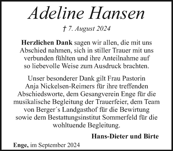 Traueranzeige von Adeline Hansen von Husumer Nachrichten, Nordfriesland Tageblatt