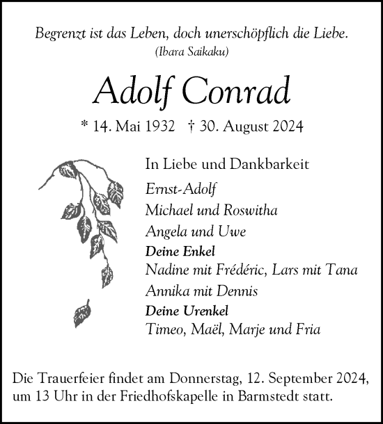 Traueranzeige von Adolf Conrad von Elmshorner Nachrichten, Barmstedter Zeitung