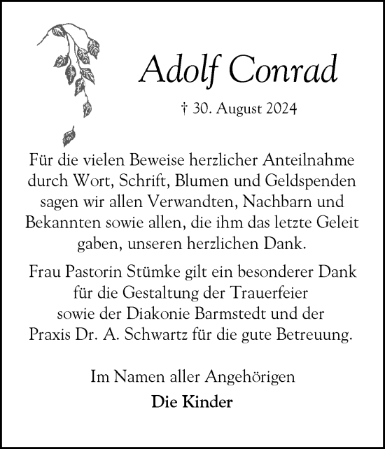 Traueranzeige von Adolf Conrad von Elmshorner Nachrichten, Barmstedter Zeitung