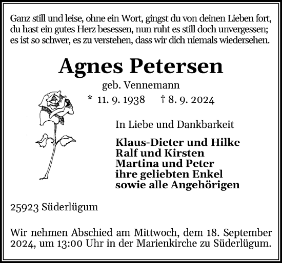 Traueranzeige von Agnes Petersen von Husumer Nachrichten, Nordfriesland Tageblatt