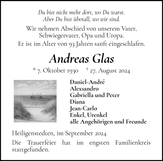 Traueranzeige von Andreas Glas von Norddeutsche Rundschau, Wilstersche Zeitung, Glückstädter Fortuna