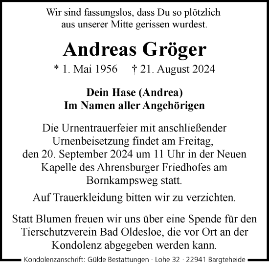 Traueranzeige von Andreas Gröger von Stormaner Tageblatt