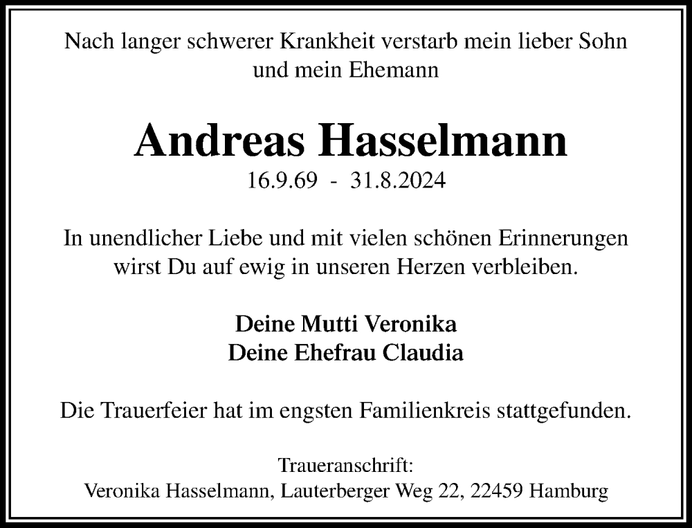  Traueranzeige für Andreas Hasselmann vom 21.09.2024 aus Stormaner Tageblatt