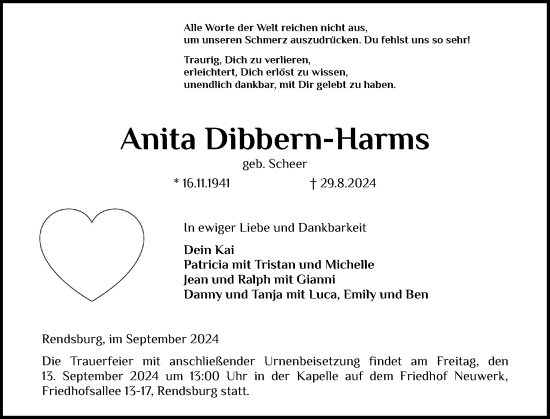 Traueranzeige von Anita Dibbern-Harms von Schleswig-Holsteinische Landeszeitung