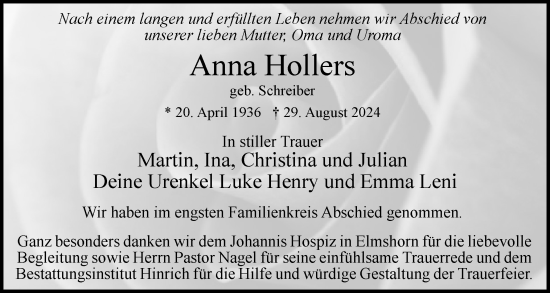 Traueranzeige von Anna Hollers von Uetersener Nachrichten, Der tip am Wochenende