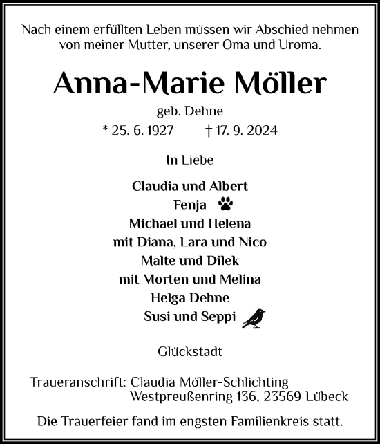 Traueranzeige von Anna-Marie Möller von Norddeutsche Rundschau, Wilstersche Zeitung, Glückstädter Fortuna