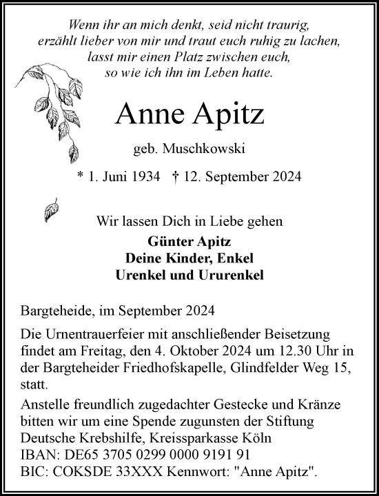 Traueranzeige von Anne Apitz von Stormaner Tageblatt