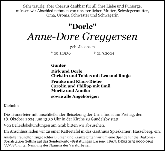 Traueranzeige von Anne-Dore Greggersen von Flensburger Tageblatt, Schleswiger Nachrichten, Schlei-Bote