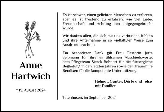 Traueranzeige von Anne Hartwich von Schleswig-Holsteinische Landeszeitung