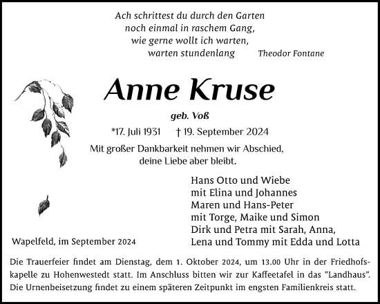 Traueranzeige von Anne Kruse von Schleswig-Holsteinische Landeszeitung