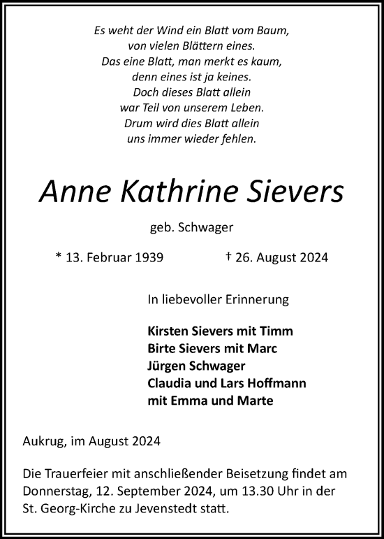 Traueranzeige von Anne Kathrine Sievers von Schleswig-Holsteinische Landeszeitung