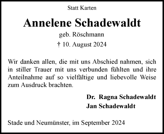 Traueranzeige von Annelene Schadewaldt von Flensburger Tageblatt