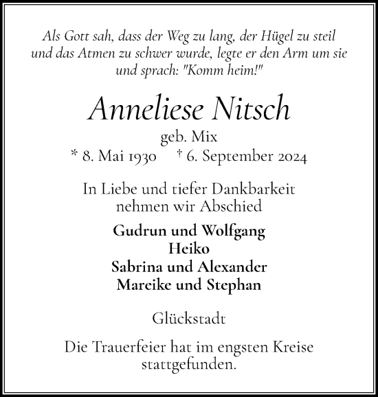 Traueranzeige von Anneliese Nitsch von Norddeutsche Rundschau, Wilstersche Zeitung, Glückstädter Fortuna