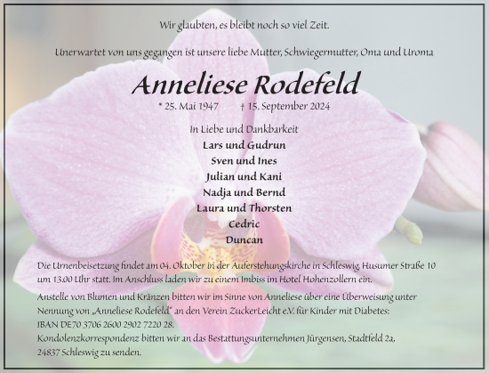 Traueranzeige von Anneliese Rodefeld von Schleswiger Nachrichten, Schlei-Bote