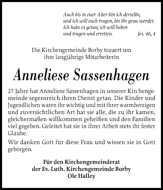 Traueranzeige von Anneliese Sassenhagen von Eckernförder Zeitung, Hallo Eckernförde